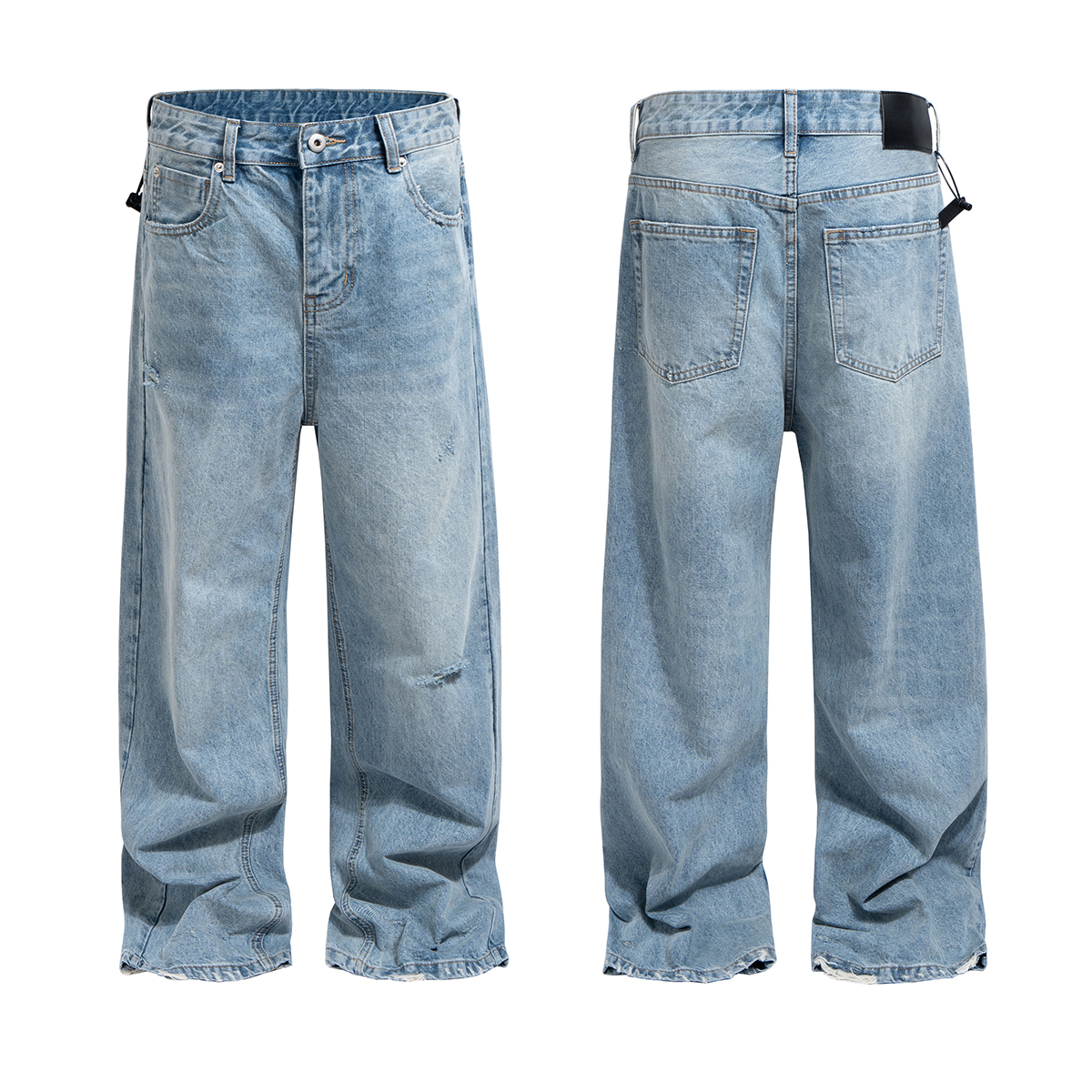 Men's 14.5 OZ Rigid Baggy Straight Ripped Denim Jeans