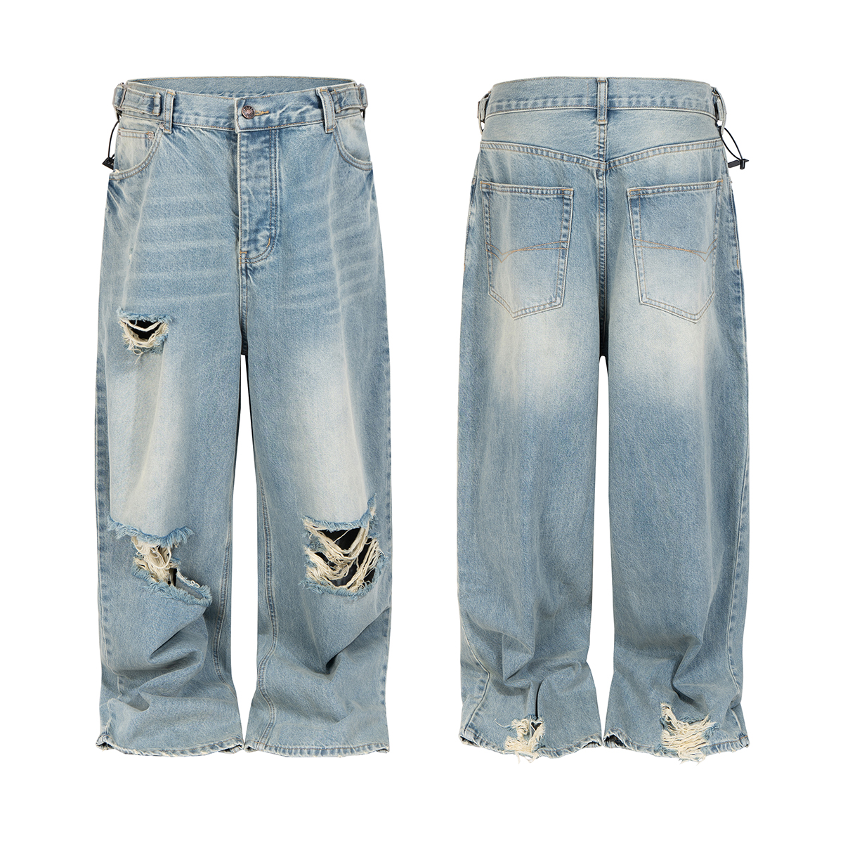 Men's 14.5 OZ Rigid  Wide Leg Ripped Jeans With Webbing Side Metal Adjuster Buckle