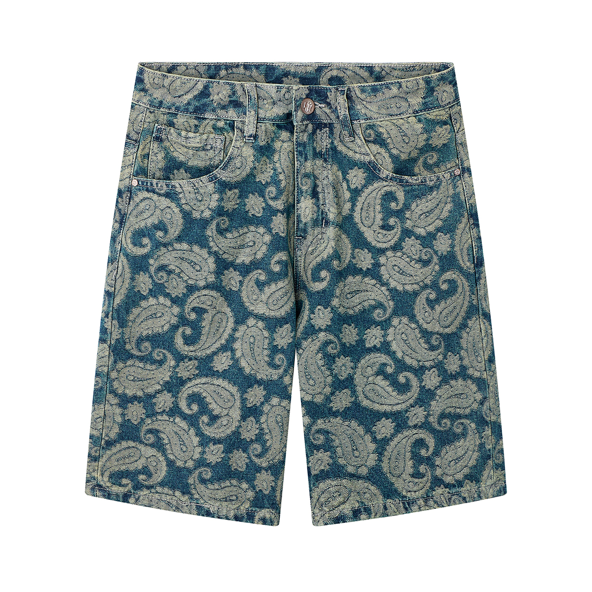 Men's 12.8 OZ 100% Cotton Baggy Paisley Bandana Jacquard Denim Shorts