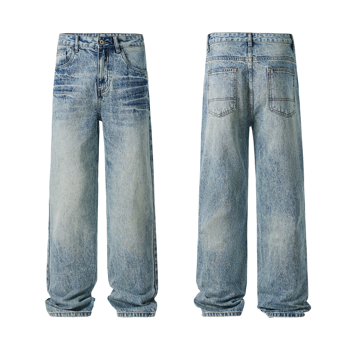 Men's 12.8 OZ Vintage Acid Snow Wash 2D Hand‑Brushed Whiskers Streetwear Jeans