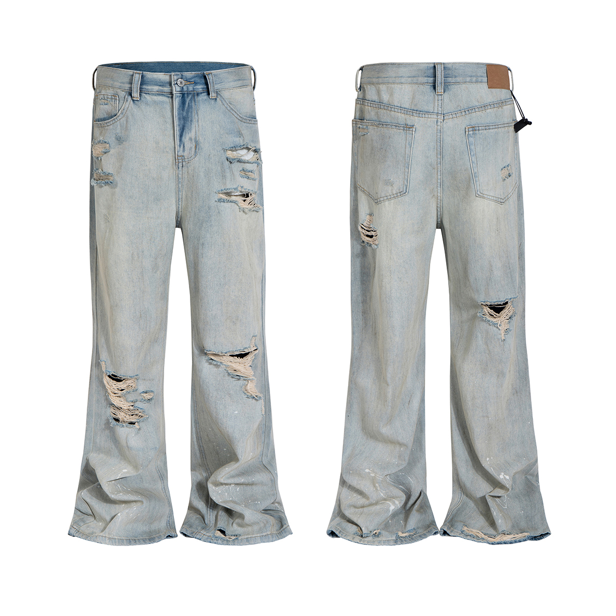 Men's 13.2 OZ Vintage 90s Light Stone Wash Ripped Splatter Painting Bootcut Jeans