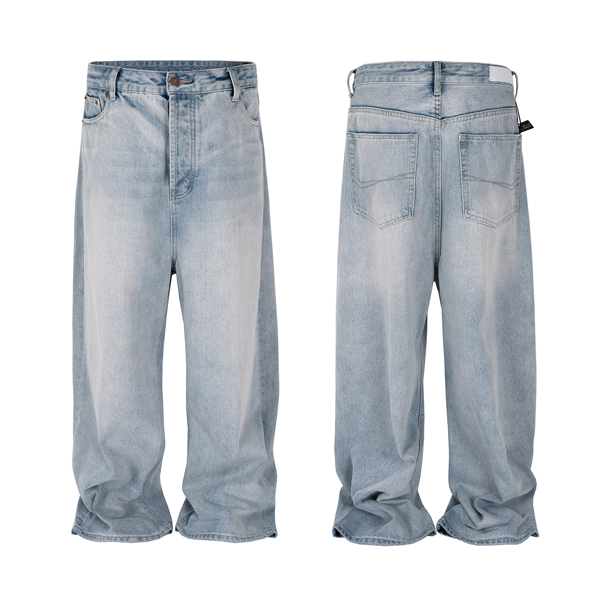 Men's 13.2 OZ Light Stone Wash Vintage Blue Wide Leg Jeans