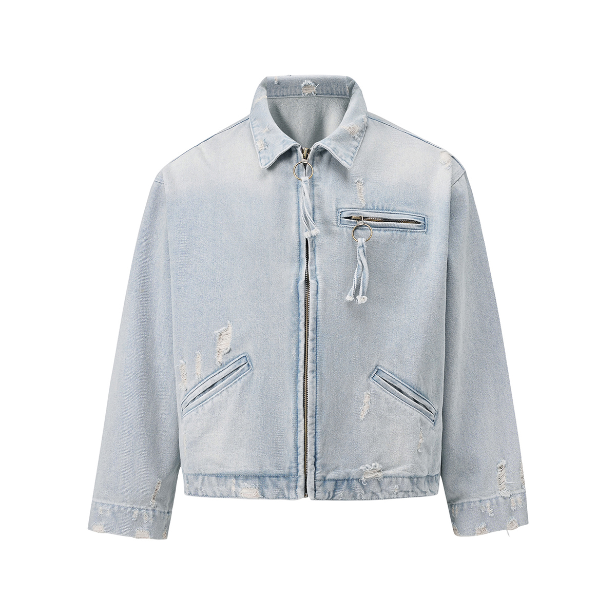Men's 15.2 OZ Boxy Vintage Light Wash Ripped Destroyed Zip‑up Denim Jackets
